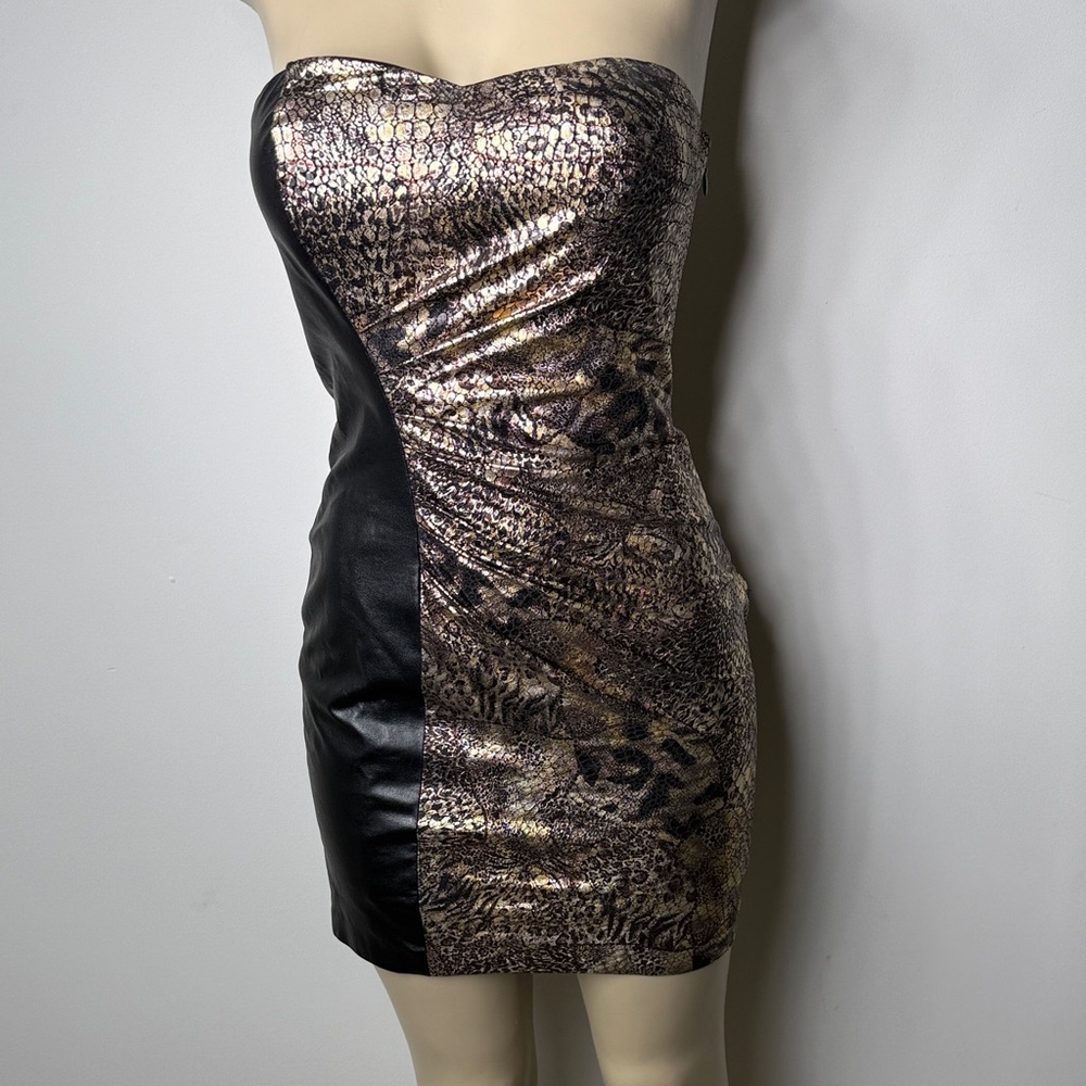 Hailey Logan Metallic Animal-Print Strapless Dress with Black Panels